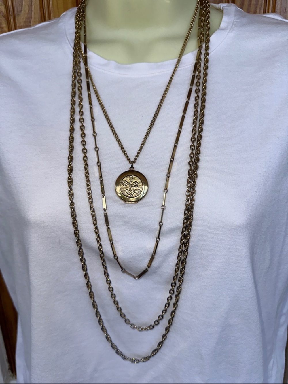 Vintage Four Layered Gold-Tone Floral‎ Locket Necklace Set